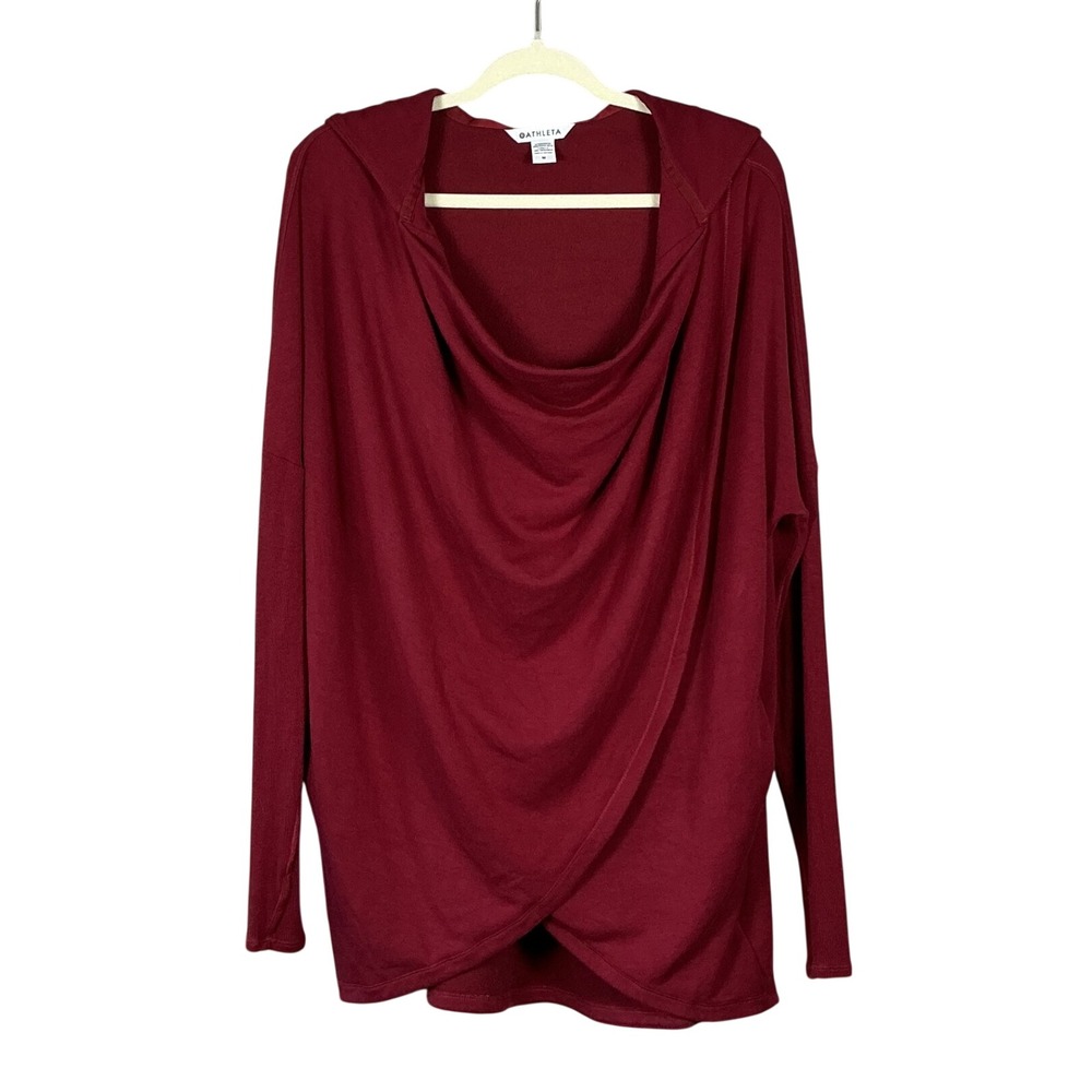 Athleta Womens Purana Burgundy Draped Cowl Neck Tulip Hem Hoodie Pockets Medium